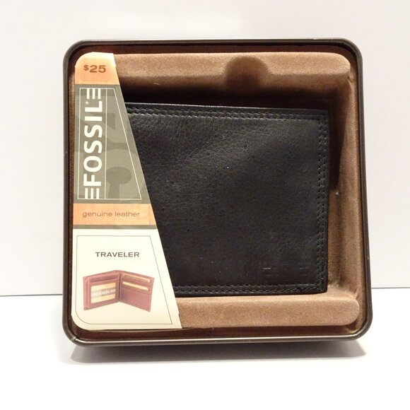 FOSSIL  MENS WALLET TRAVELER IN METAL CASE Black Leather Bi-Fold Credit Cards - Picture 1 of 4